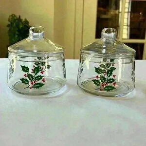 2 Indiana Glass Holly and Berries Pattern Christmas/Holiday Decor..Vintage